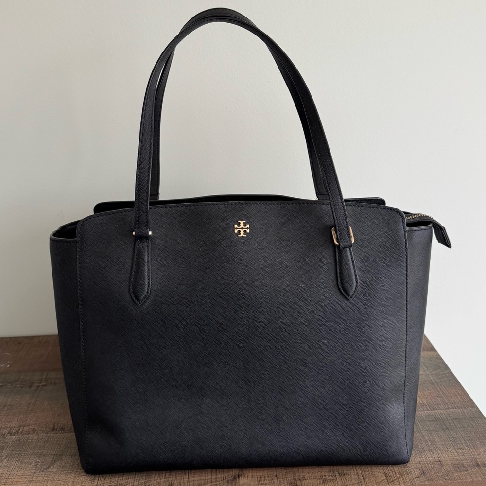 Tory Burch Emerson Black Shoulder Bag Top Zip Gold Hardware Large Purse